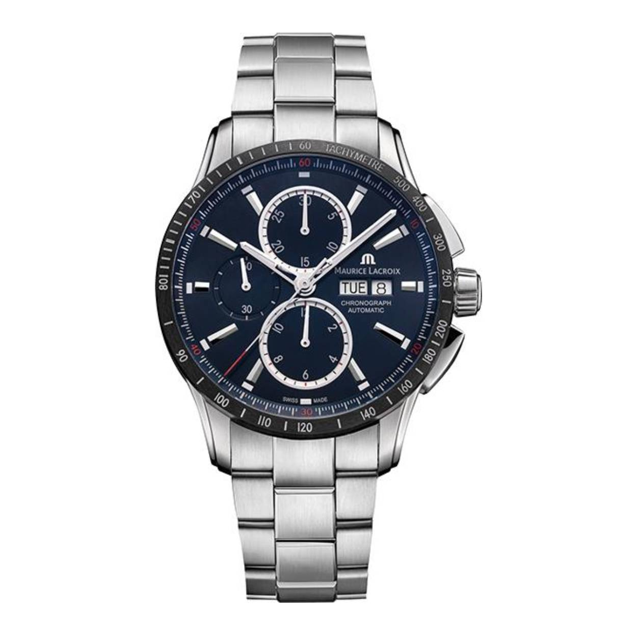 Dit is een horloge van het merk Maurice Lacroix gemaakt voor heren.

De specificaties zijn als volgt:
Kastmaat: 43 mm
Waterdichtheid: 10 ATM / 100 Meter / 330 Feet
Dit horloge heeft de volgende functies/eigenschappen:
Chronograaf
Datumaanduiding
Dagaanduiding
Tachymeter