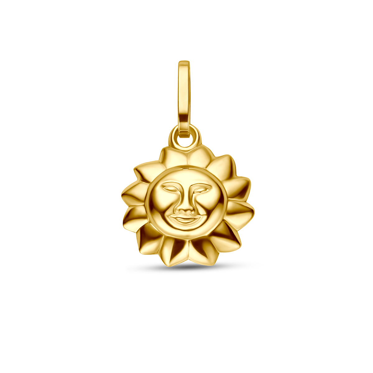Stralende gouden zonne hanger (10,5 mm) uit de eigen collectie van Juwelier Rijk Amsterdam. Deze gedetailleerde bedel heeft een sierlijk reli&euml;f met een vriendelijk gezichtje en glanzende zonnestralen. Een warm en betekenisvol sieraad dat staat voor energie, licht en levensvreugde.