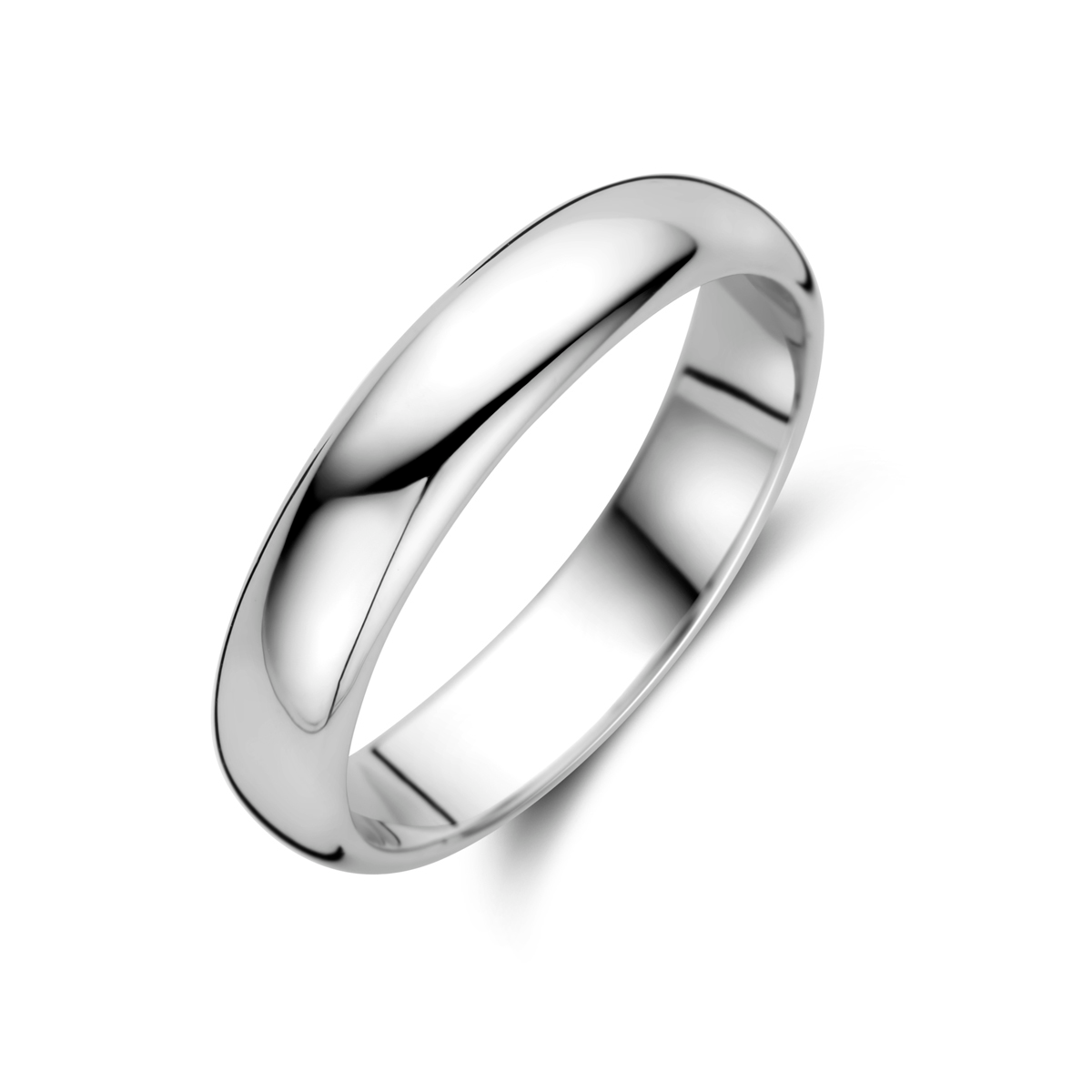 Tijdloze 925 gerhodineerde zilveren ring (4 mm) met een licht bollen (half-ronde) pasvorm uit de eigen collectie van Juwelier Rijk Amsterdam. Perfect als minimalistische aangeschoven ring of strakke trouwring.