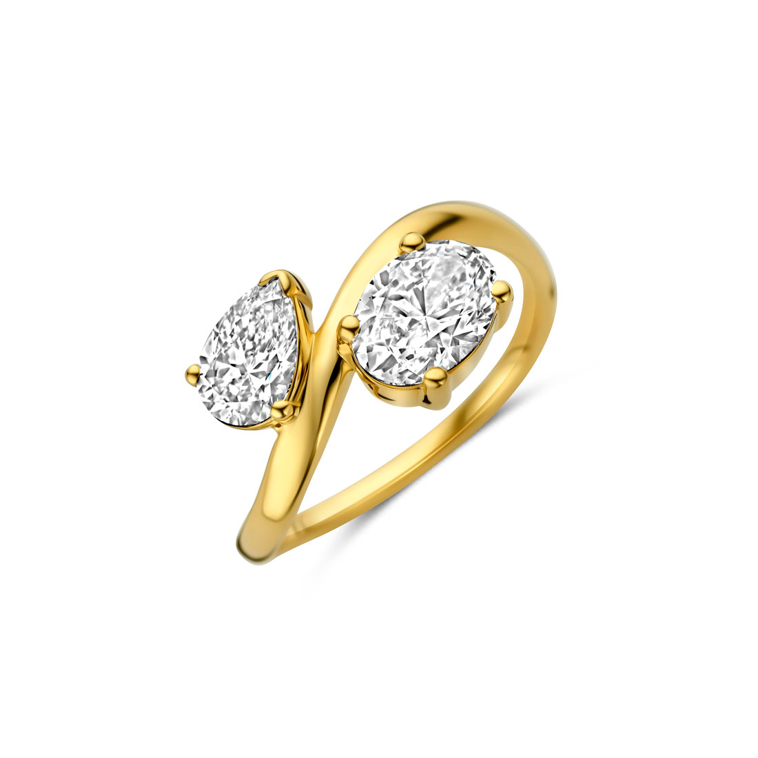 Ring 18 kt geel goud met ovale en peervormige labgrown diamant samen 1.62 ct 
peer; 0.58 ct ovaal 1.04 ct 