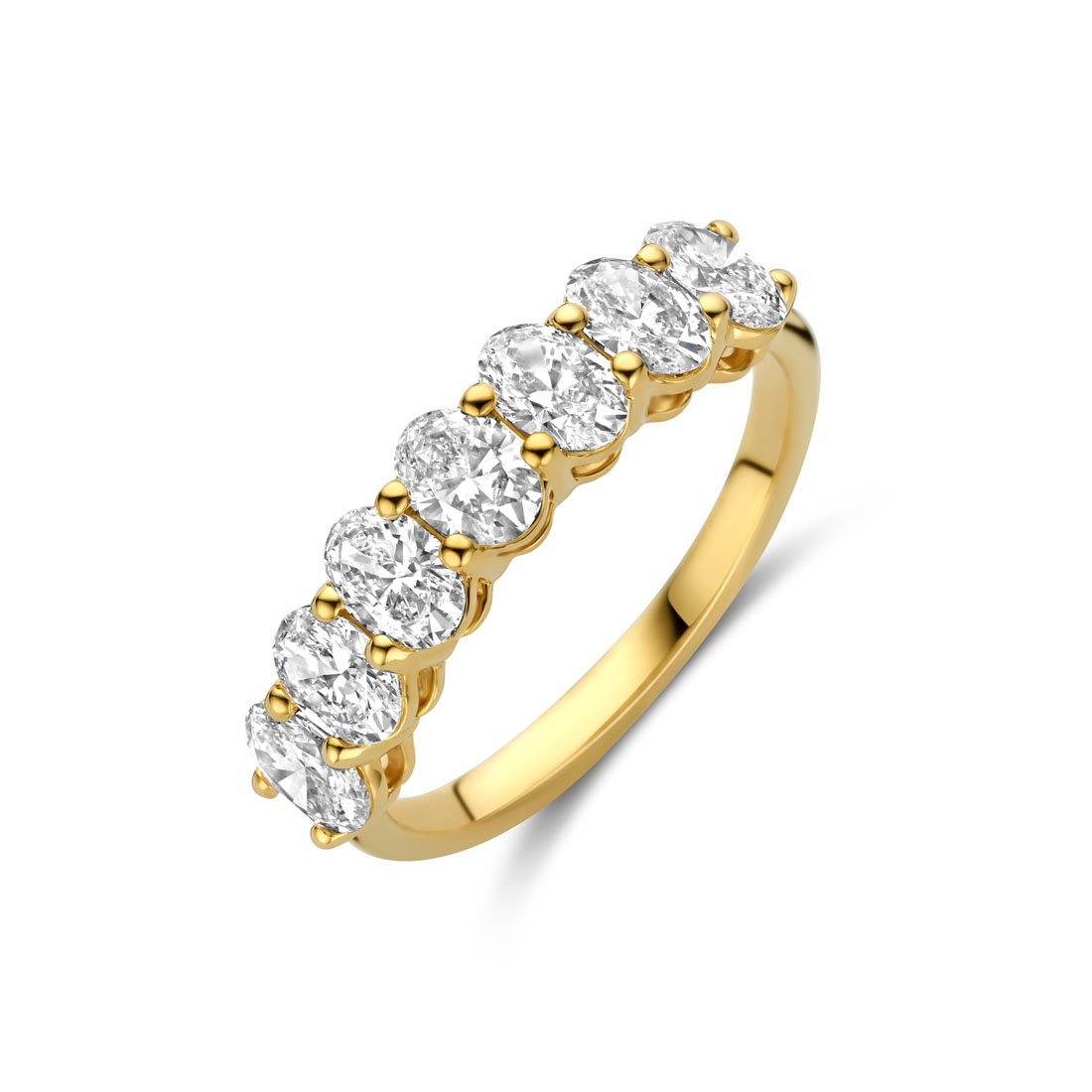 Ring 18 kt geel goud met 7 ovale labgrown diamanten samen 1.47 ct