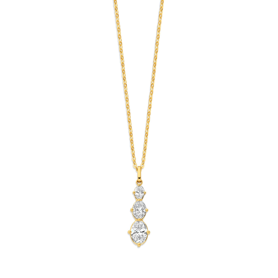 Hanger 18 kt geel goud met 3 ovale labgrown diamanten samen 1.28 ct excusief ketting 