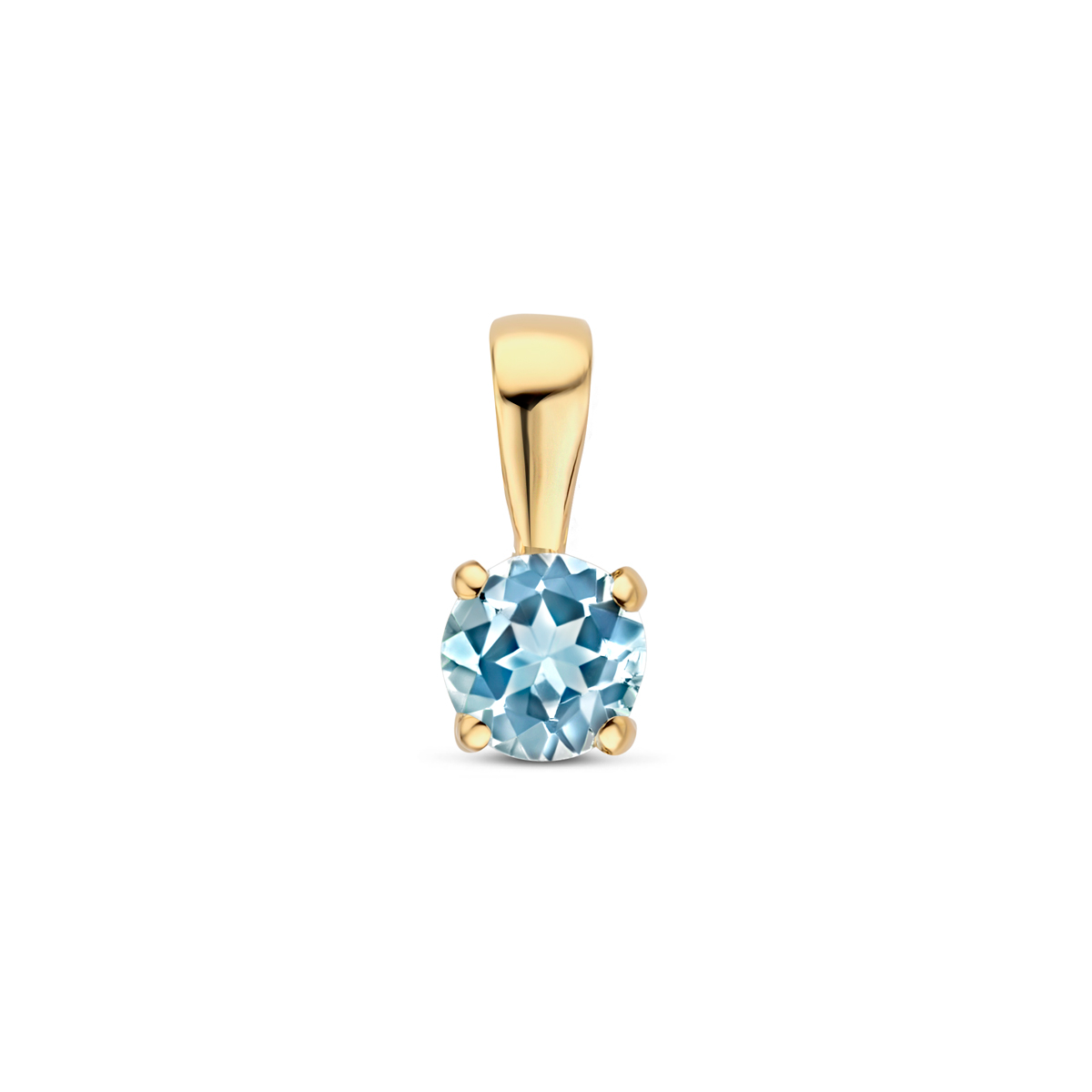 Prachtige 14k gouden solitaire hanger met een rond facetgeslepen lichtblauwe topaas (9 mm) uit de eigen collectie van Juwelier Rijk Amsterdam. De edelsteen is gevangen in een klassieke vier-poot zetting met een strak, glad afgewerkt gouden oog. Een verfijnd en helder sieraad dat staat voor rust en inspiratie.