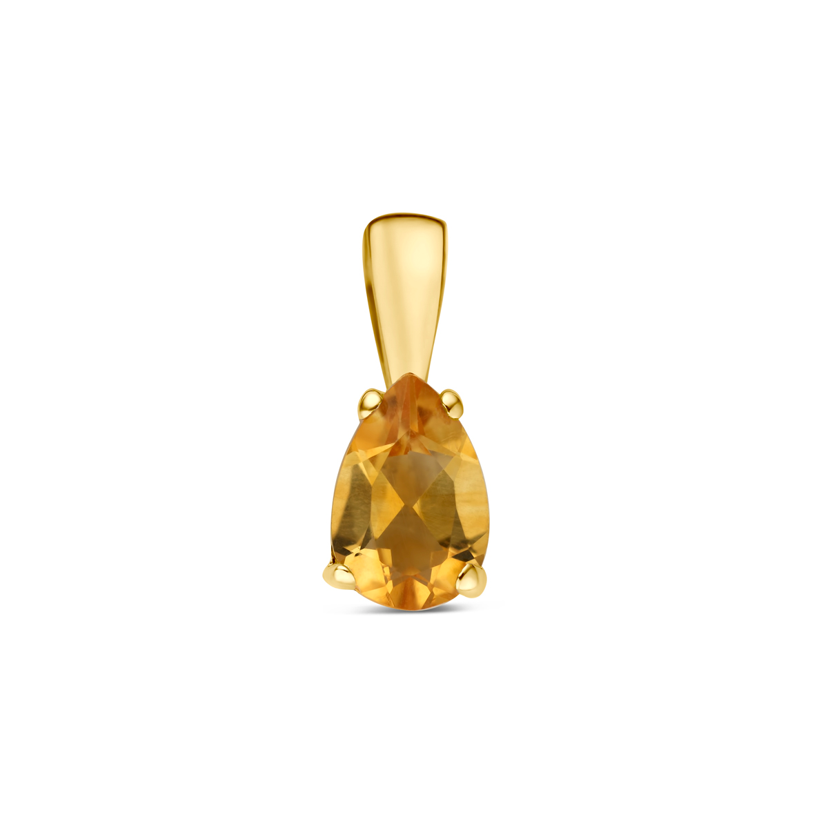 Elegante 14k gouden solitaire hanger met een peervormige (druppel) facetgeslepen warme citrien (10,5 mm) uit de eigen collectie van Juwelier Rijk Amsterdam. Gezet in een driepoot kraapzetting met een strak gouden oog. Een zonnig sieraad dat staat voor vreugde, optimisme en energie.