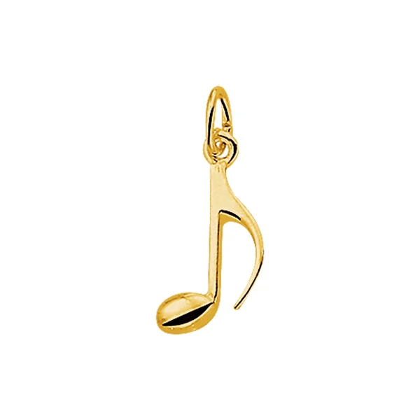 Sierlijke 14 karaat geelgouden muzieknoot hanger (9,5 x 16 mm) uit de eigen collectie van Juwelier Rijk Amsterdam. Deze elegante enkele achtste noot is hoogglans afgewerkt en heeft een vloeiende vormgeving. Een perfect, betekenisvol cadeau voor muziekliefhebbers en muzikanten.