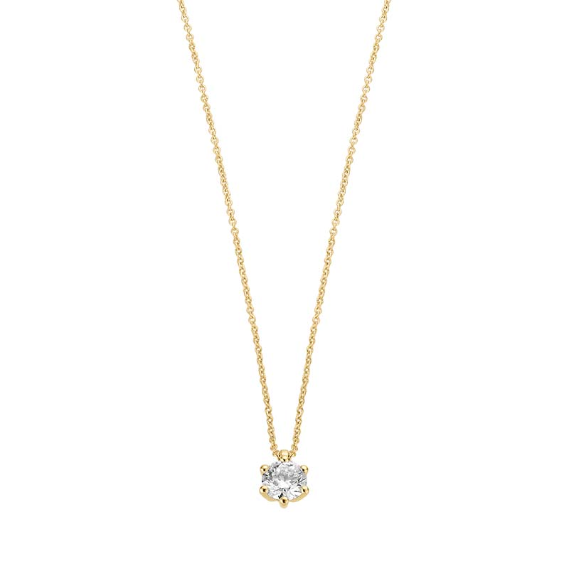 Das Collier mit Modellnummer 6-214481-001 ist ein elegantes Schmuckst&uuml;ck aus 333er Gelbgold mit einem 0,30 ct Labordiamanten in feinem Wei&szlig; (G) und brillantem Schliff. Perfekt f&uuml;r besondere Anl&auml;sse, l&auml;sst sich das Collier ideal mit eleganter Abendmode kombinieren. Die Kettenl&auml;nge von 42+3 cm passt zu verschiedenen Ausschnitt-Varianten.