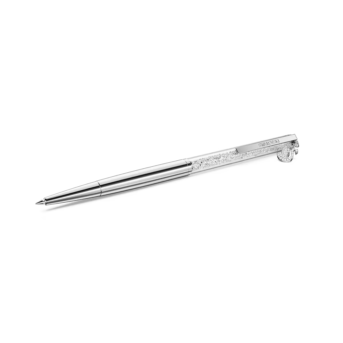 Deze slanke balpen is ge&iuml;nspireerd op de sierlijke Swarovski-zwaan en straalt tijdloze elegantie en verfijnde creativiteit uit. Het ontwerp is gemaakt met een houder met een toplaag met een verchroomde afwerking en is gevuld met ongeveer 400 heldere kristallen die u door het lange transparante venster kunt zien. De pen heeft een verfijnd zwaanhangertje dat bij elk geschreven woord symbool staat voor schoonheid in beweging.