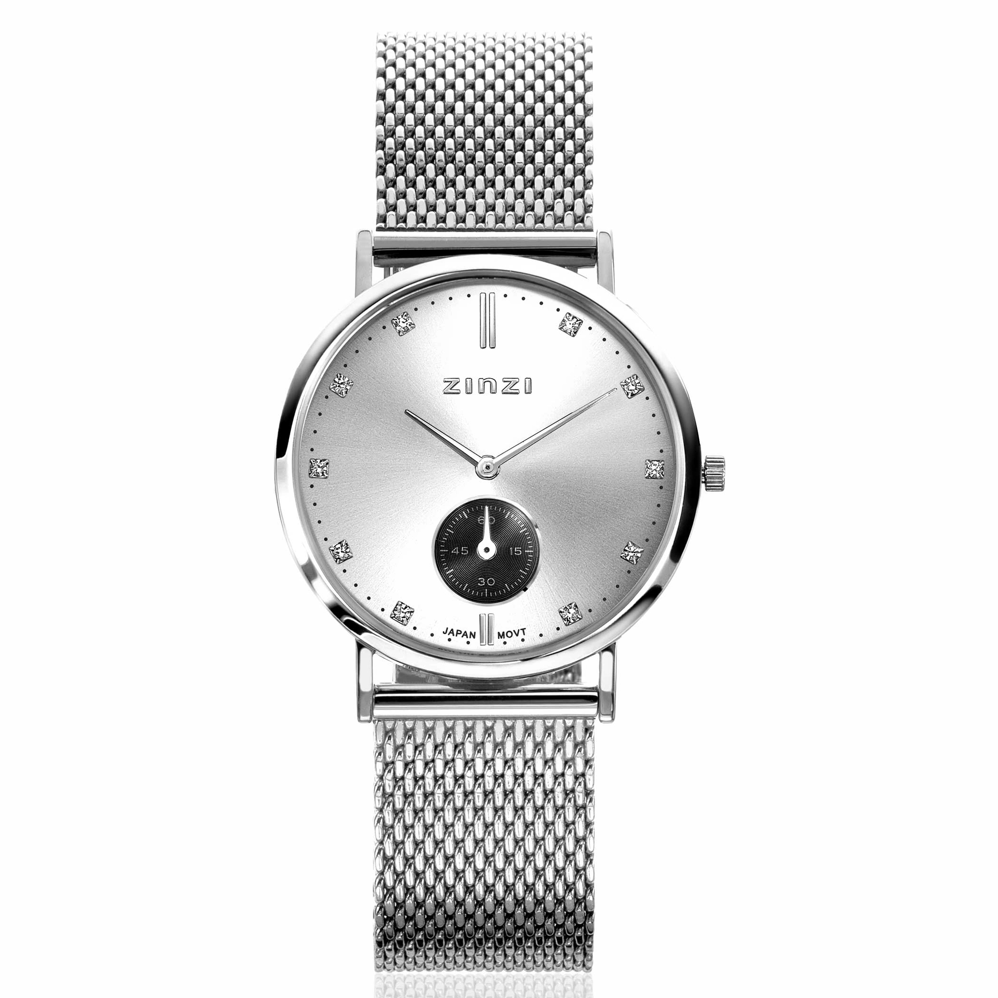 Dit Zinzi Glam horloge is klassiek en trendy tegelijk. De zilverkleurige wijzerplaat is bezet met schitterende witte crystals bij de uuraanduiding. De kleine ronde seconde-meter in donkergrijs geeft het horloge een verrassende stoere uitstraling. De platte ronde stalen zilvergekleurde kast (34mm) en stalen mesh band in de kleur zilver zijn tijdloos en elegant. De band is eenvoudig te verwisselen door het handige schuifsysteem aan de achterkant. Extra kwaliteit: Voorzien van een extra dun Japans kwaliteitsuurwerk, sterk mineraal glas en het horloge is 5atm waterbestendig (tegen regen en spatwater).