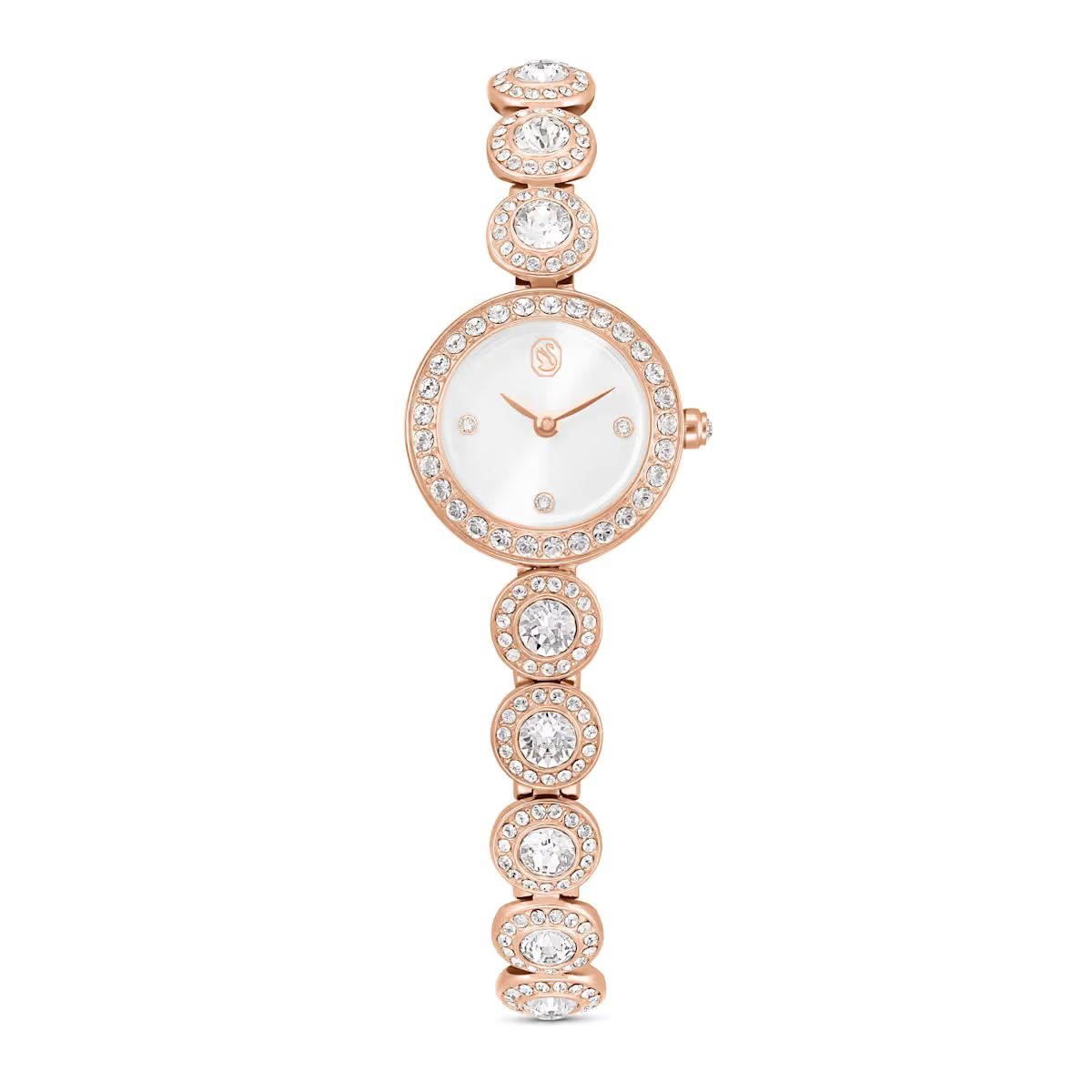 Dit horloge van 20 mm heeft een puur en tijdloos design en doet denken aan de look van de Una Angelic-sieradenlijn. Naast een verfijnde zonnewijzerplaat en een lunette versierd met pav&eacute; heeft dit edelstalen horloge een ros&eacute;goudkleurige finish. De verstelbare armband maakt het helemaal af, met een rij ronde heldere kristallen die elk zijn omlijst met helder kristalpav&eacute;. Het horloge is perfect te combineren met de sieraden uit de Una Angelic-lijn.