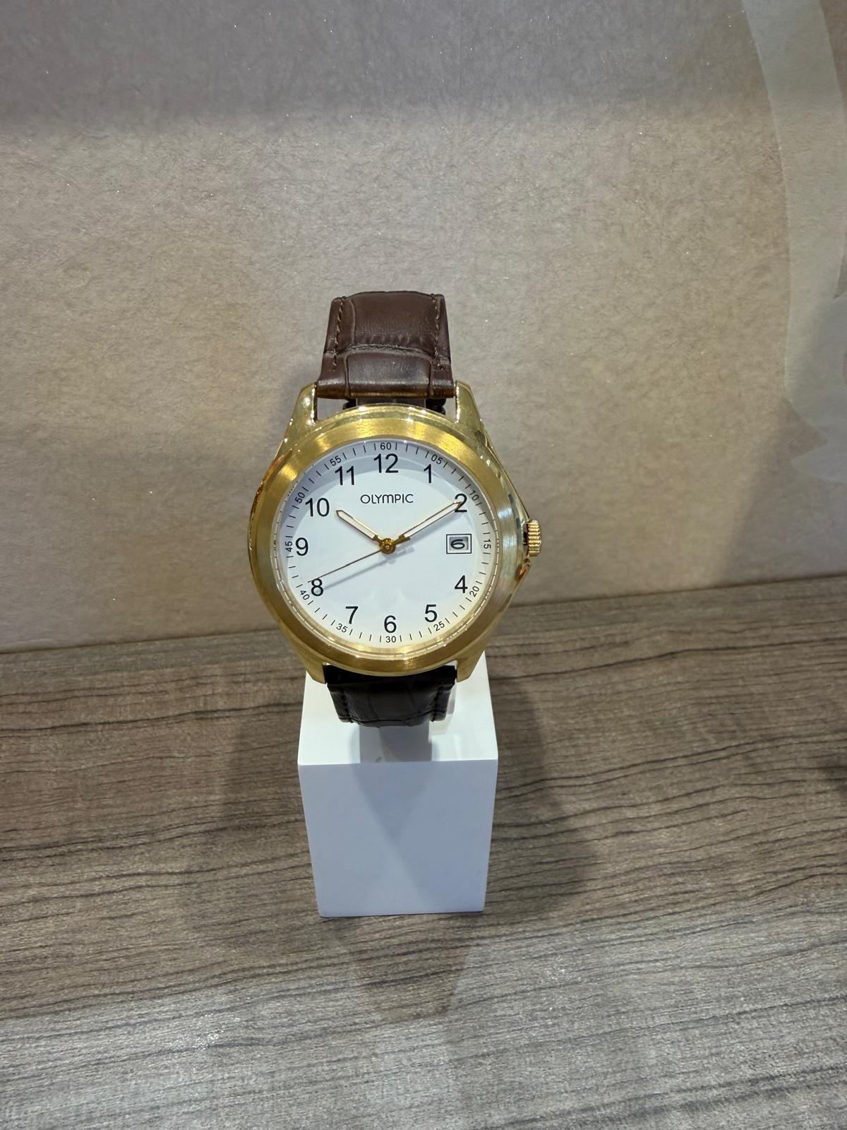 Heren horloge Olympic
bruin leren band
goudkleurige horlogekast