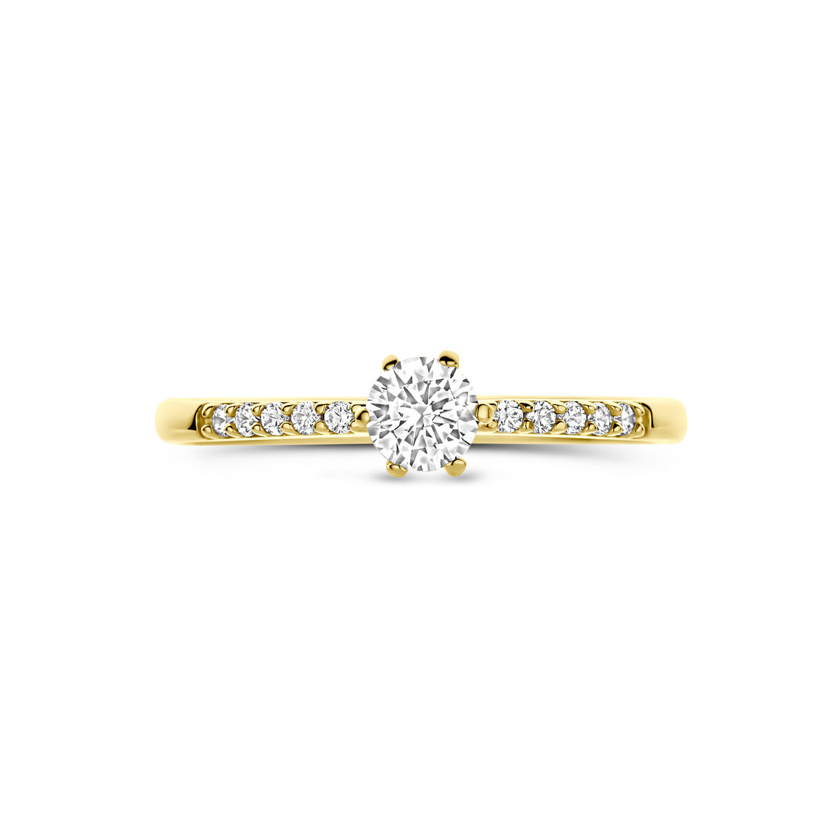 14k Geelgouden ring uitgevoerd met zirkonia. De ring heeft een breedte van 4,5mm.