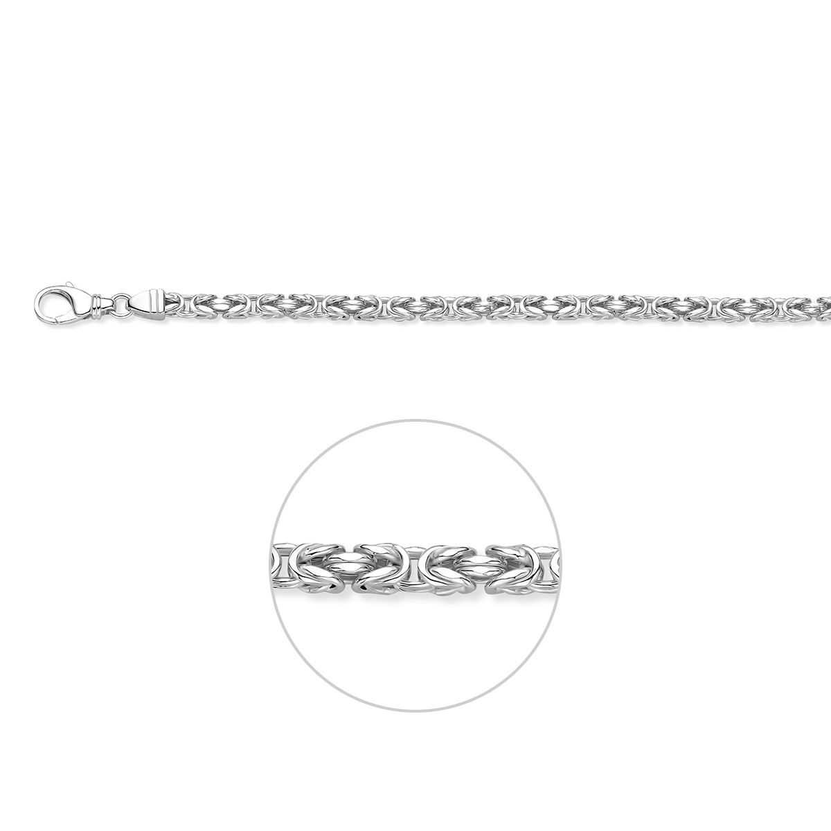 925 Zilveren lengteartikelen met een konings schakel van 4.7mm. Uitgevoerd met een karabijnsluiting.