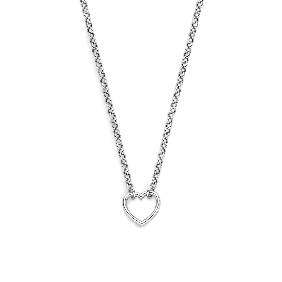 Gerhodineerd 925 zilveren collier met een connector in de vorm van een hartje. Het collier heeft een lengte van 46cm en de afmeting van het hartje is 15x16mm. Uitgevoerd met een karabijnsluiting.