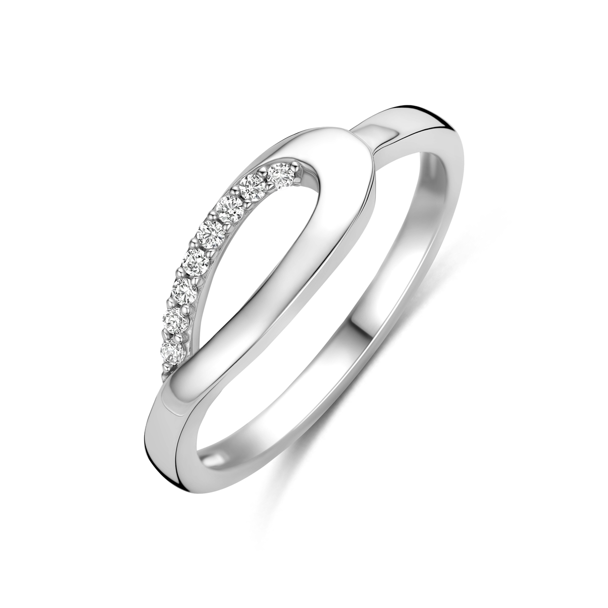 Gerhodineerd 925 zilveren ring met zirkonia. De ring heeft een breedte van 6mm.