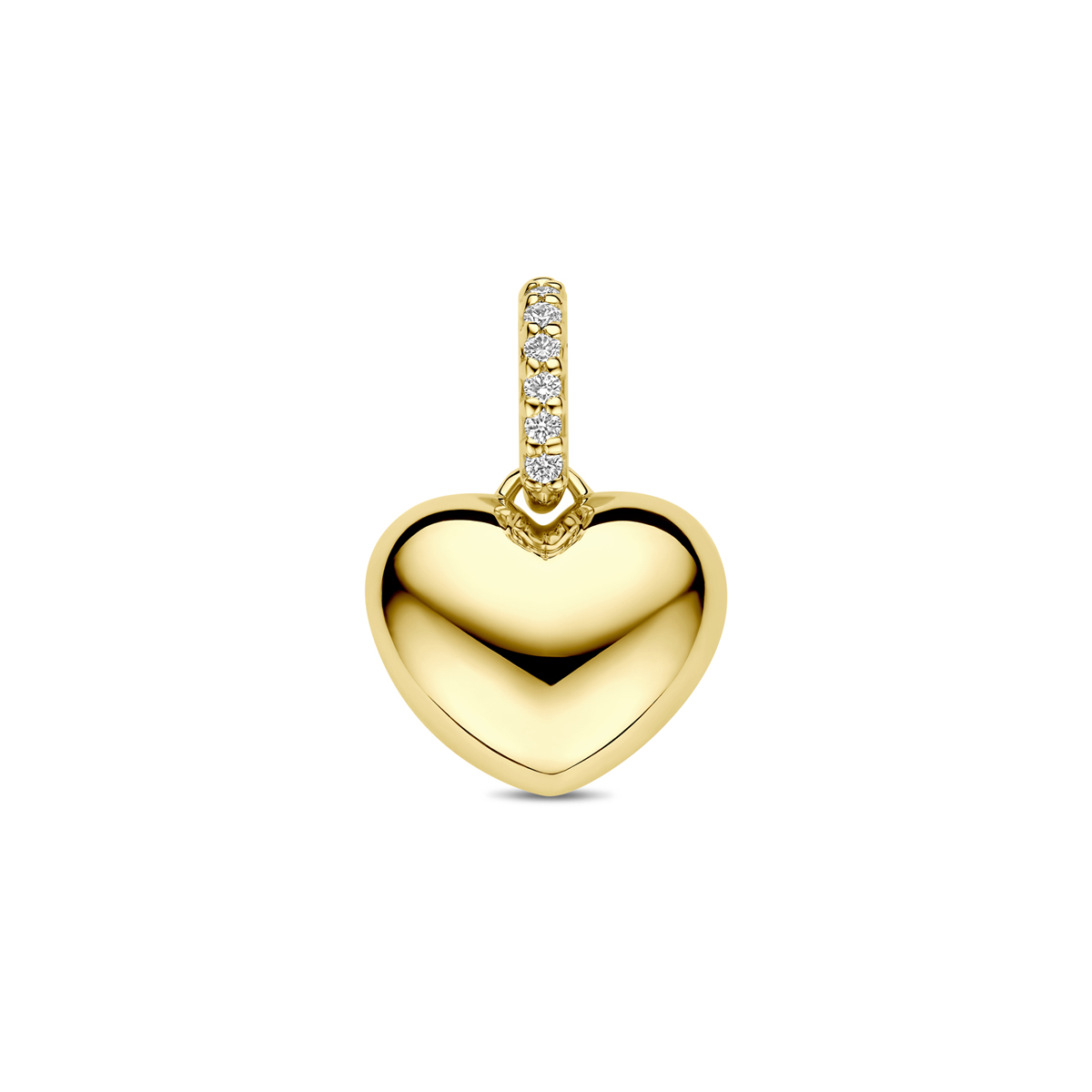 14k Geelgouden hanger in de vorm van een hart met diamant. &nbsp;De hanger heeft een hoogte van 9mm excl. oogje en een breedte van 10,5mm. Het totale diamantgewicht is 0.03ct.