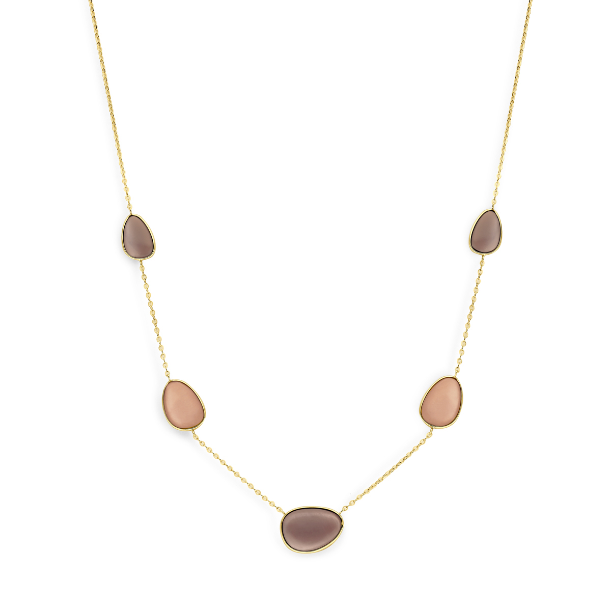 14k Geelgouden collier uitgevoerd met maanstenen. Het collier heeft een lengte van 40+2+2cm.