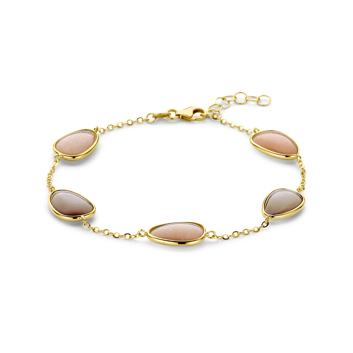 14k Geelgouden armband uitgevoerd met maanstenen. De armband heeft een lengte van 17cm met 2cm extensie.