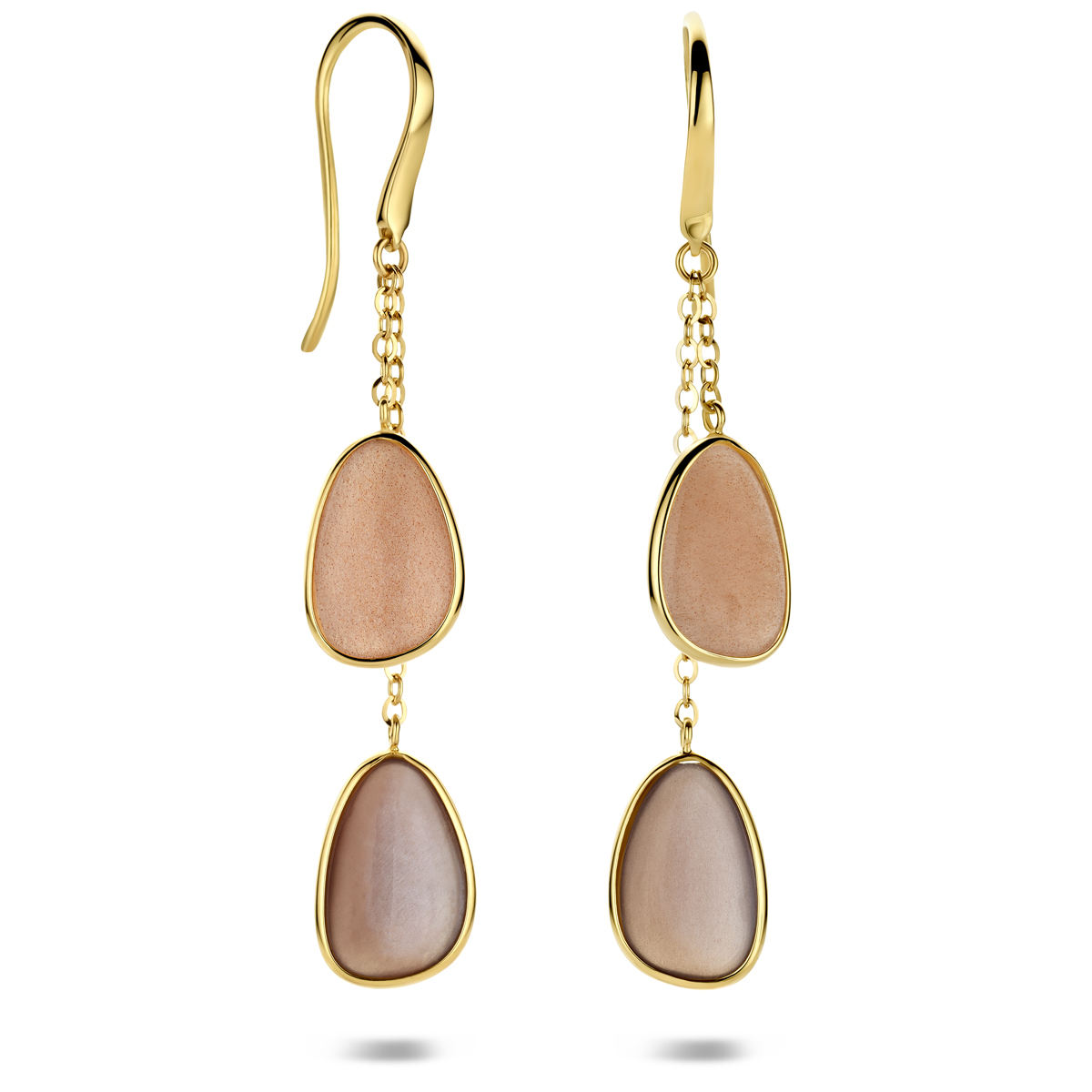 14k Geelgouden oorhangers uitgevoerd met maanstenen. De oorhangers hebben een totale hoogte van 53mm.