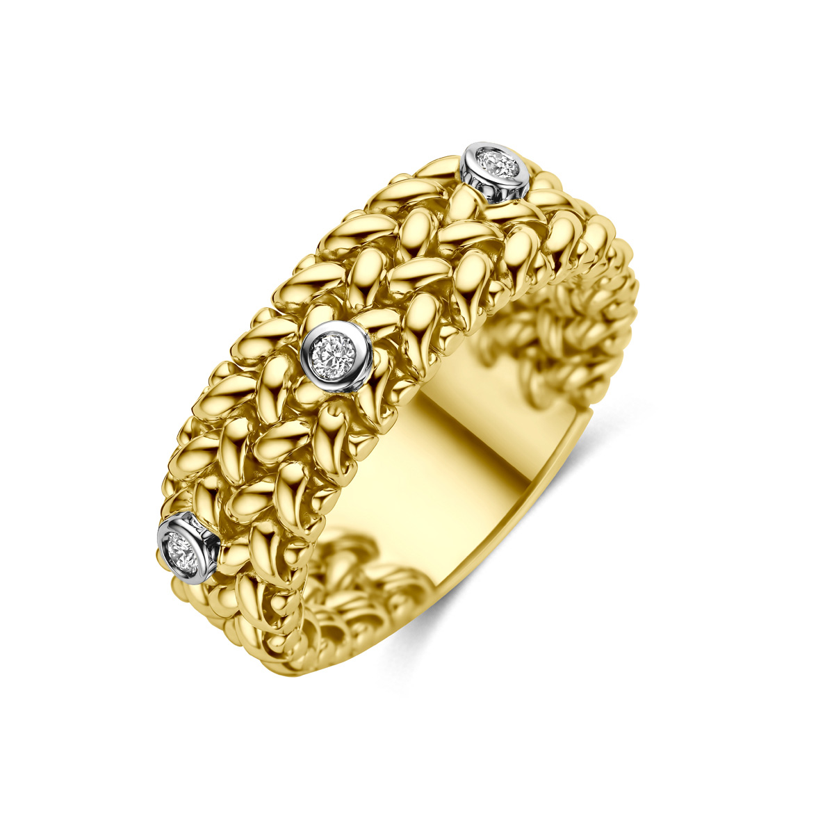 14k Bicolor geel en witgouden ring uitgevoerd met diamant. De ring heeft een breedte van 8mm. Het totale diamantgewicht is 0.09ct.