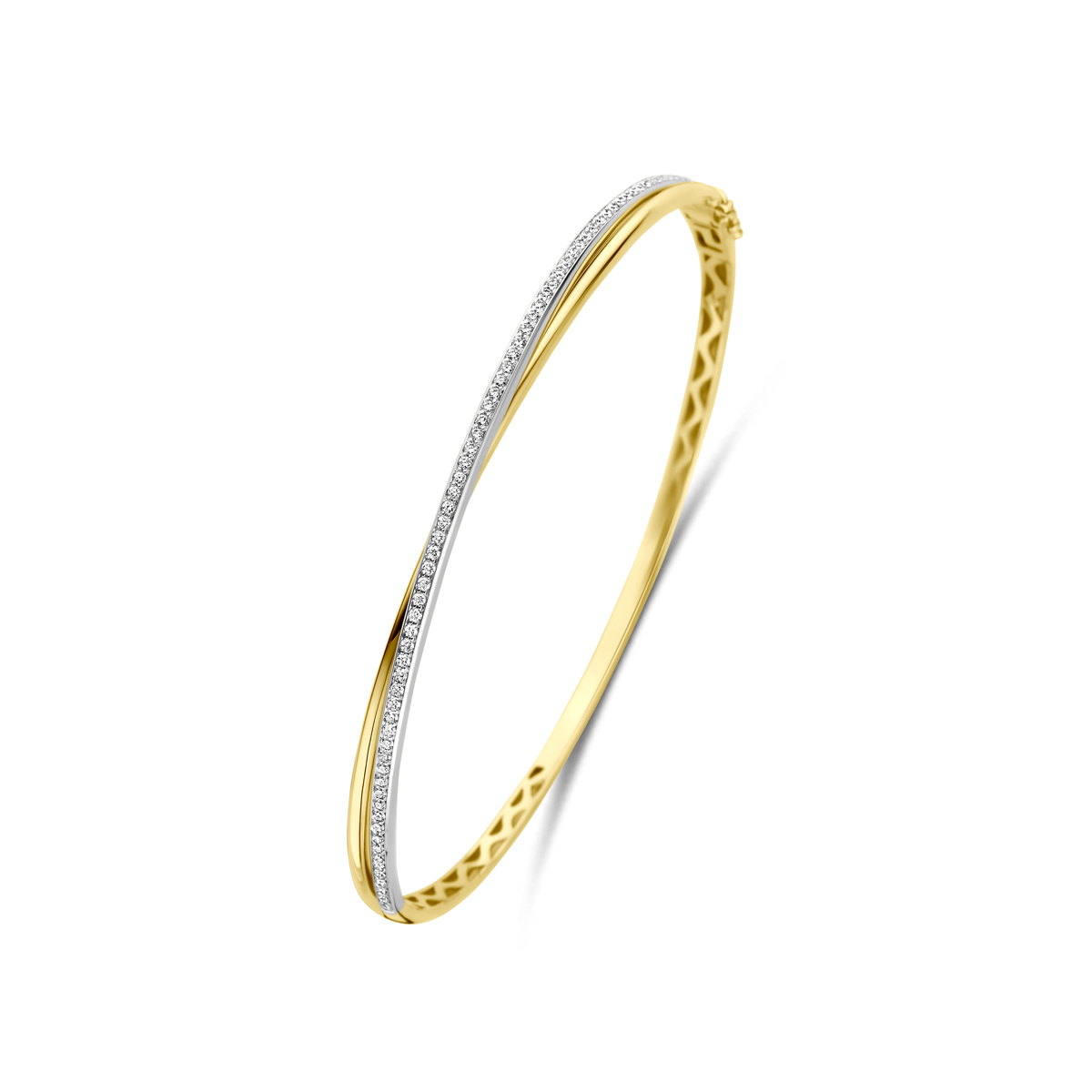 14k Bicolor wit en geelgouden bangle met diamant. De bangle heeft een afmeting van 4x60mm. Het totale diamantgewicht is 0.37ct.