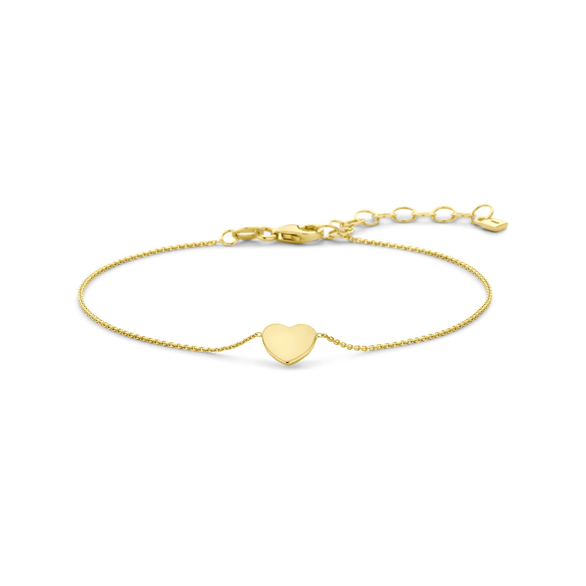 9k Geelkleurig armband uitgevoerd met een hartje. De armband heeft draaglengtes van 16+3cm en een schakelbreedte van 0,8mm.