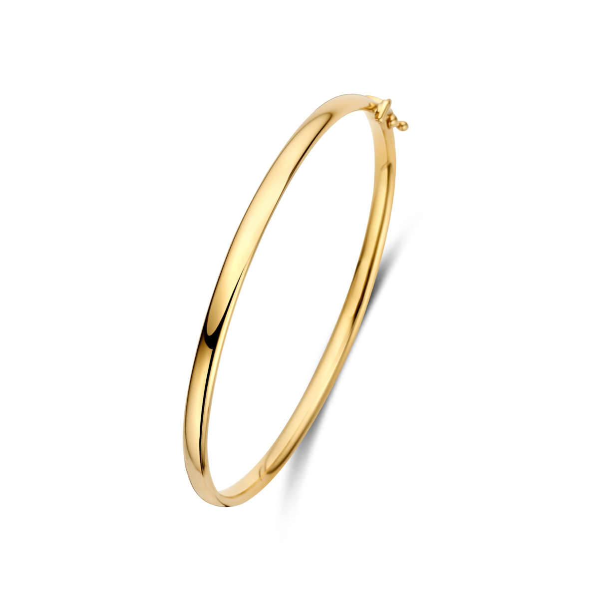 9k Geelkleurige bangle uitgevoerd met scharnier. De bangle heeft een breedte van 4mm.