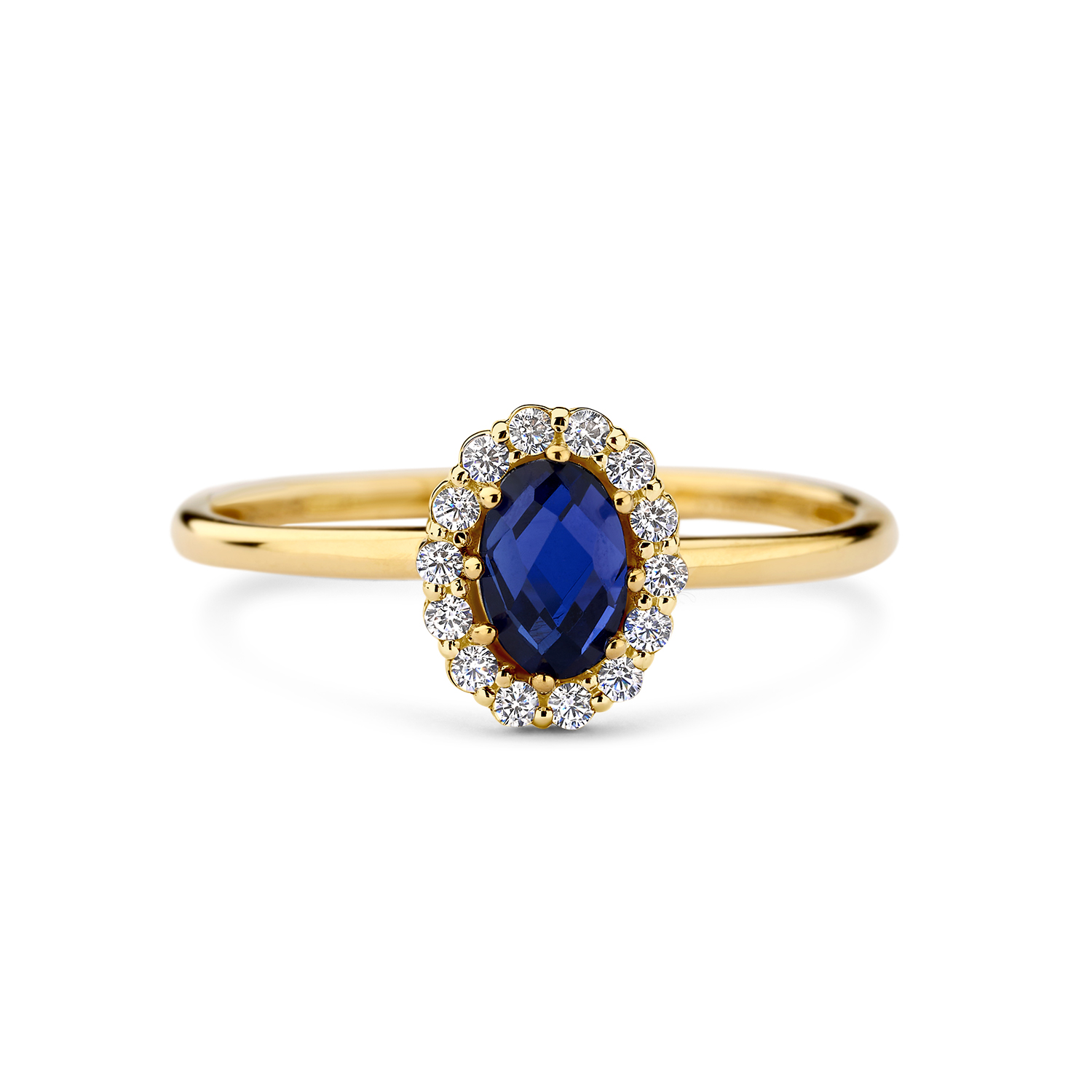 Blush Lab Diamonds - 20th Anniversary, 14kt geelgouden entourage ring bezet met briljant geslepen labgrown diamanten en synthetisch saffier - LG1082Y/54