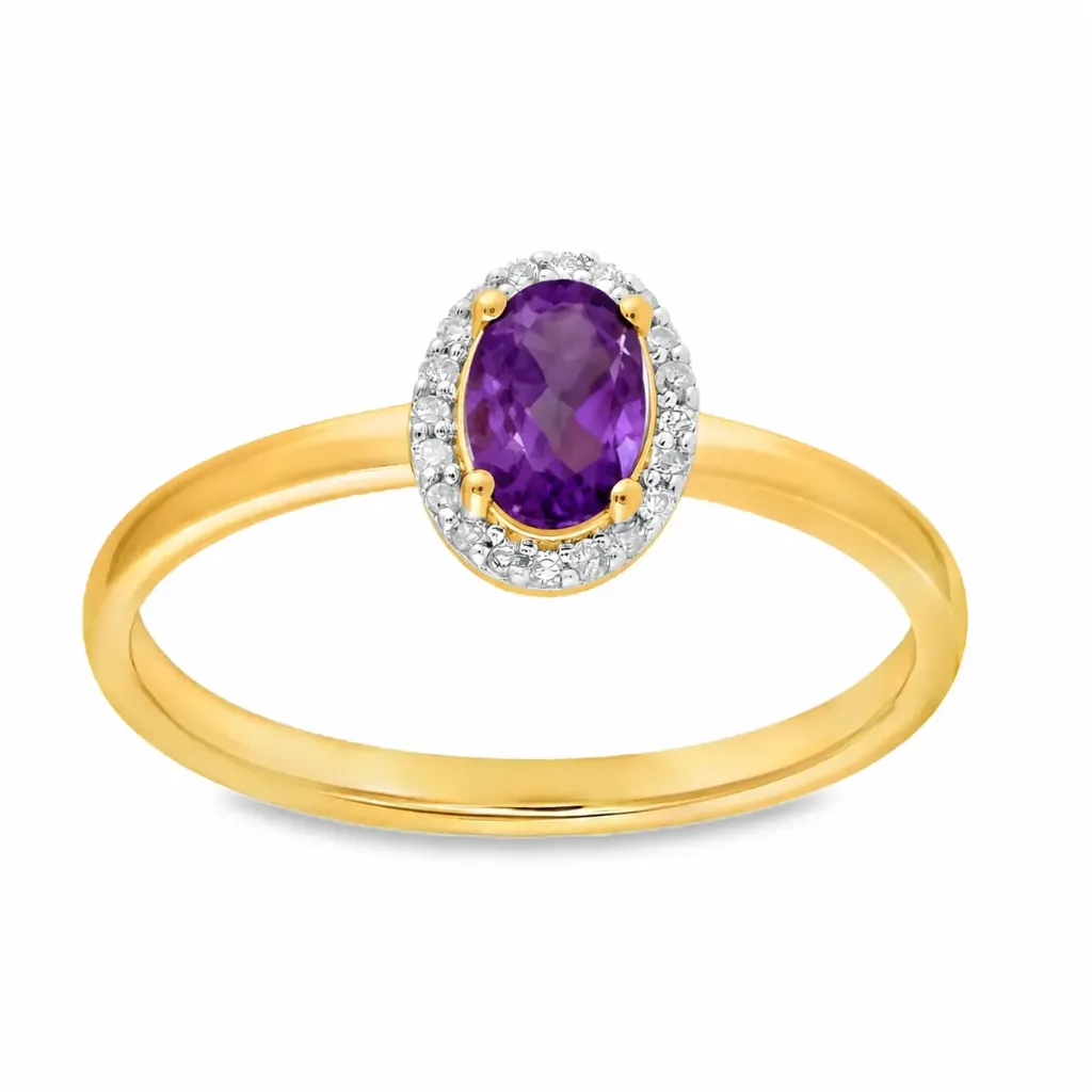 14KRT RING MET AMATHIST EN DIAMANT 0.06CRT MAAT 17
