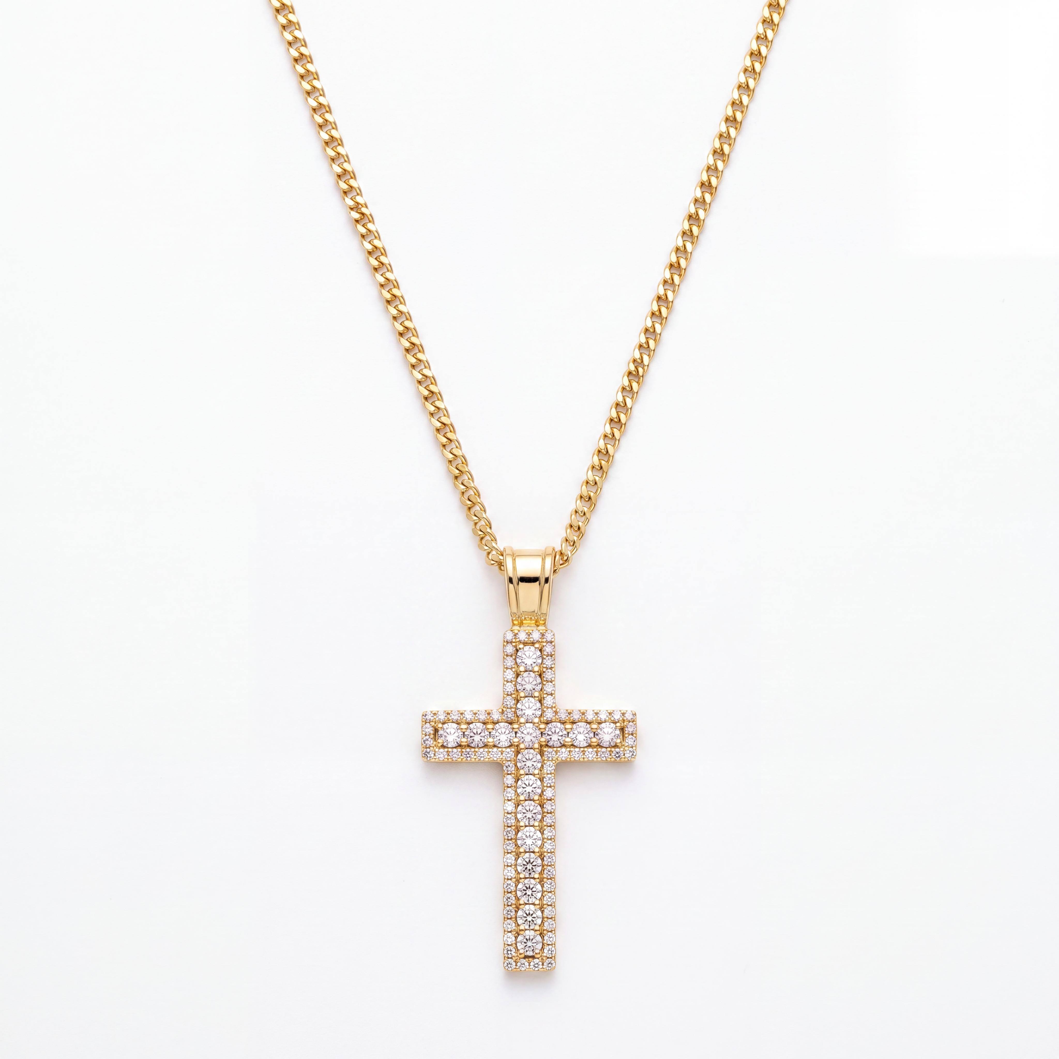 Exclusieve 14 karaat gouden collier bestaande uit een verfijnd diamanten kruis hanger (0.43 ct T/SI) en een bijpassende gourmet ketting (45 cm, 1.2 mm). Ambachtelijk vervaardigd voor Juwelier Rijk Amsterdam. Een schitterend, symbolisch sieraad vol tijdloze klasse.