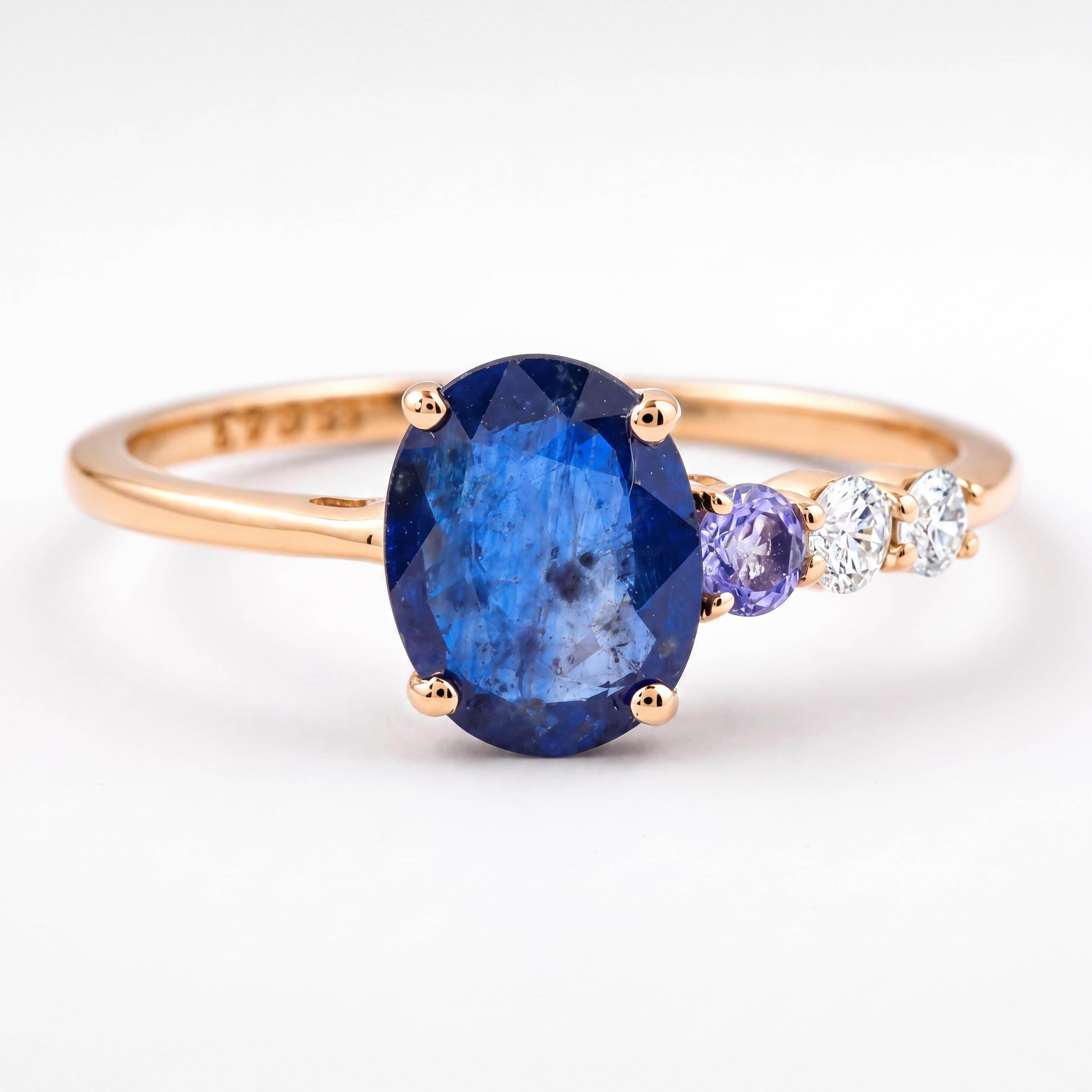 Zoekt u een uniek en tijdloos sieraad? Deze exclusieve 14k geelgouden asymmetrische ring is verrijkt met een magnifieke 1.48 caraat natuurlijke ovaal geslepen saffier, gecombineerd met een sprankelende tanzaniet en twee zuivere diamanten. Een elegant meesterwerk dat klasse en originaliteit uitstraalt. Wordt geleverd inclusief officieel HRD diamanten/edelsteencertificaat en luxe sieradendoos.