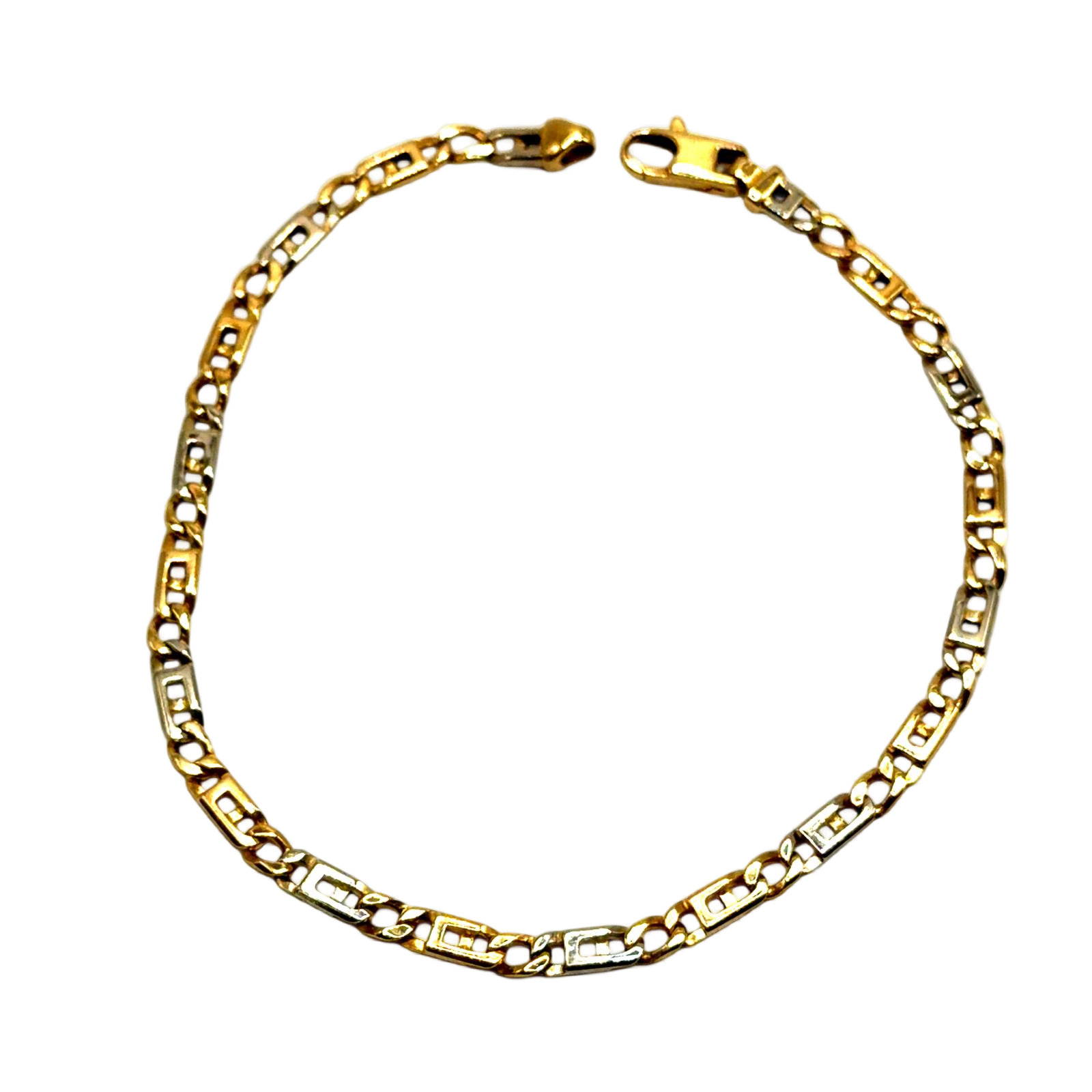 De gouden armband 18kt bicolor, modelnummer BREA-000640, is van 18-karaats goud met een glanzende afwerking. Hij weegt 7,94 gram en heeft een breedte van 7 mm en een lengte van 220 mm. Het is een elegante armband die gedragen kan worden bij zowel formele als informele gelegenheden voor een verfijnde uitstraling. Perfect te combineren met andere gouden sieraden.