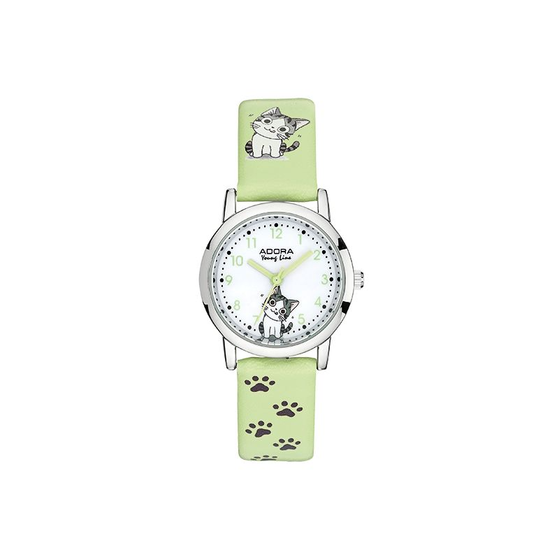 Die Adora Youngline Kinderuhr, Modellnummer 1-206488-001, besticht durch ihr gr&uuml;nes Armband und silberfarbenes Edelstahlgeh&auml;use. Sie ist wasserdicht bis 30 Meter. Mit Mineralglas, rundem Geh&auml;use und analoger Anzeige mit arabischen Ziffern ist sie robust und funktional. Perfekt f&uuml;rs t&auml;gliche Tragen geeignet. Ohne Datumsanzeige. Ideal f&uuml;r Kinder, die Einfachheit und Stil sch&auml;tzen.