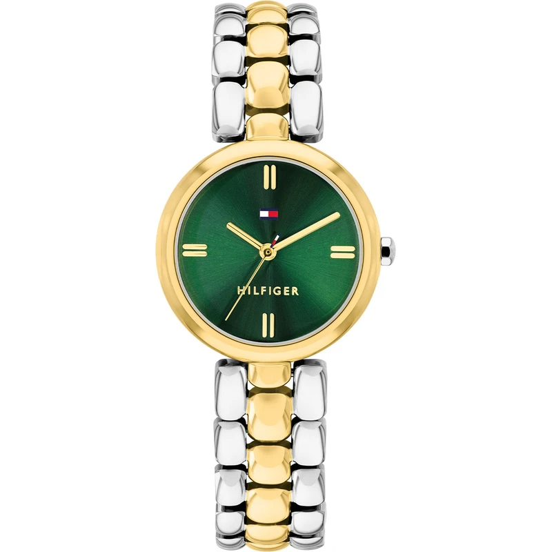 De Tommy Hilfiger ANNIE is een sierlijk dameshorloge met een ronde bicolor kast en een opvallende groene wijzerplaat. De combinatie van zilver- en goudkleurig staal met het frisse groen maakt dit horloge een verrassende, eigentijdse aanvulling op iedere outfit.