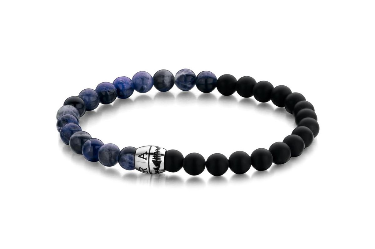 Frank 1967 Armband- 7fb-0415 &ndash; 8mm Kralen &ndash; Mat Zwarte Agaat & Sodaliet &ndash; Zilverkleurig Staal