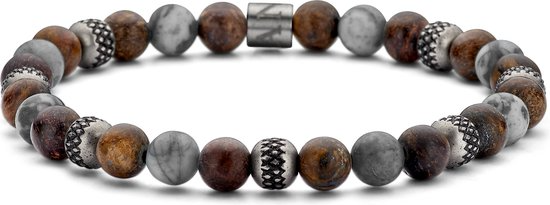 Frank 1967 7FB-0736 Kralen Armband - Heren Armband - Matt Bronzite Kralen - 6mm - Map Stone - Staal Kralen - Rekbaar 19cm - Grijs/Atraciet/Bruin