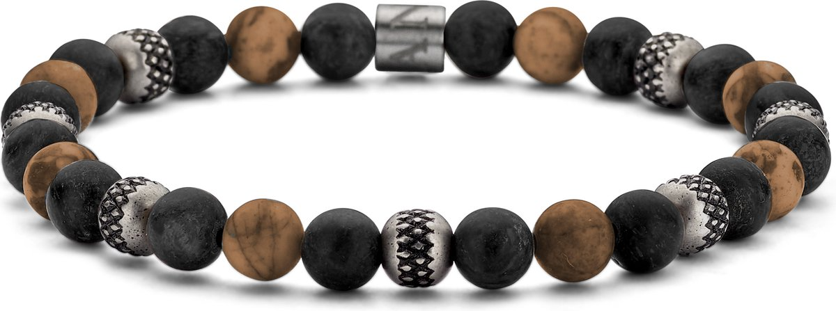 Frank 1967 7FB-0735 Kralen Armband - Heren Armband - Zwart Agaat Kralen - 6mm - Tijger oog - Staal Kralen - Rekbaar 19cm - Bruin/Atraciet