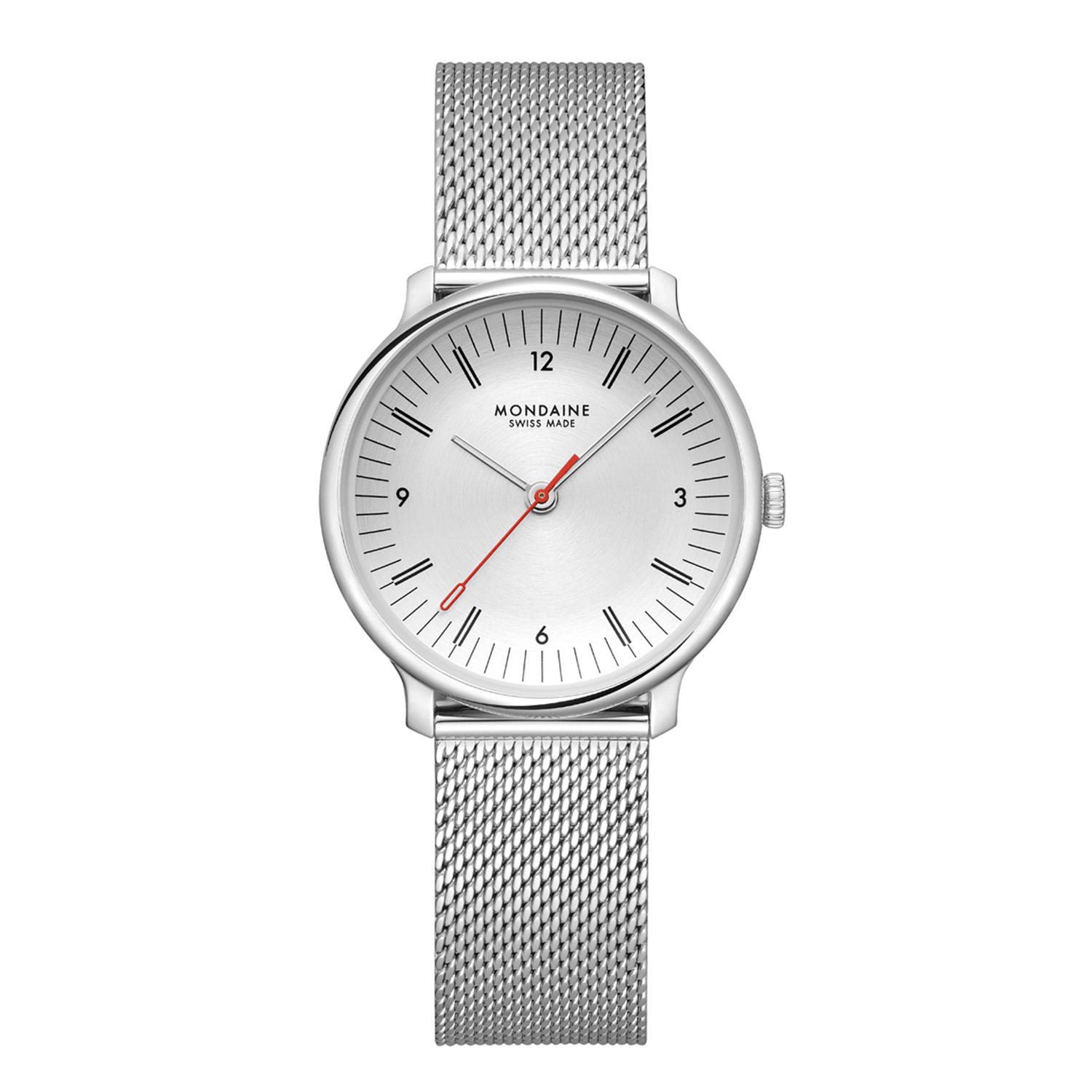 Zilverkleurige wijzerplaat en stalen mesh band.