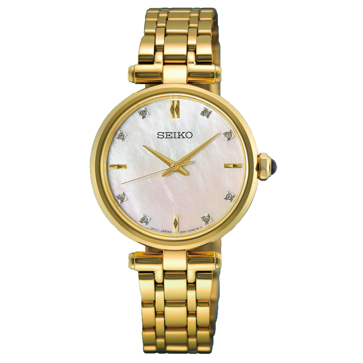 Dit is een horloge van het merk Seiko. Het is een analoog horloge gemaakt van staal. De diameter van de kast is 29 mm en de kast is 6.2 mm dik.
De verdere specificaties van het horloge zijn als volgt:
Kastvorm: rond
Kastkleur: goudkleurig
Kastmateriaal: staal
Bandbreedte: 4 mm
Sluiting: vouwsluiting met drukker
Wijzerplaatkleur: parelmoer
Glassoort: saffier glas
Waterdichtheid: 5 ATM
Techniek: quartz