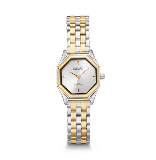 De OL Noa Dms BicoStl. Zilveren horloge, modelnummer OL89DSS019B, heeft een stevige roestvrijstalen kast met een speciale vorm, goud-zilveren kleuren en een analoge kwartsbeweging. Het is nikkelvrij en heeft een waterbestendigheidsniveau van 5. Draag het voor zowel formele als informele gelegenheden om een stijlvolle en tijdloze uitstraling te geven.