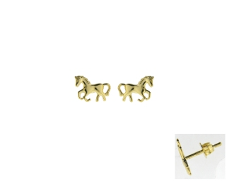 Fijne 18kt geelgouden oorstekers in de vorm van een paardje. Ze zijn gemaakt van 18-karaats goud, hebben een afmeting van 9.1 op 6.1mm en zijn nikkelvrij, ideaal voor gevoelige oren.