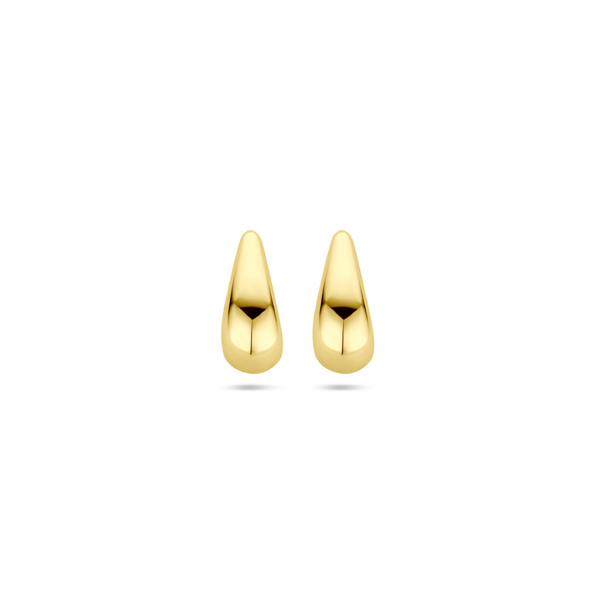 k Geelkleurige stekeroorringen uitgevoerd in de vorm van een druppel. De stekeroorringen hebben een afmeting van 13x6mm.