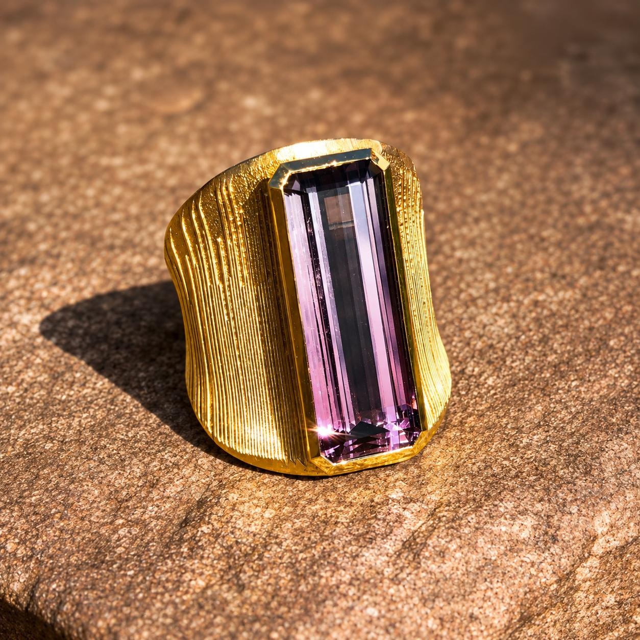 Ring gefertig in Rotgold 900/ooo mit aufgeschwei&szlig;ten Feingold Elementen, bei dem Edelstein handelt es sich um einen Turmalin mit Farbverlauf 15,78ct

Eine evtl. anfallende Ringweiten&auml;nderung ist inklusive