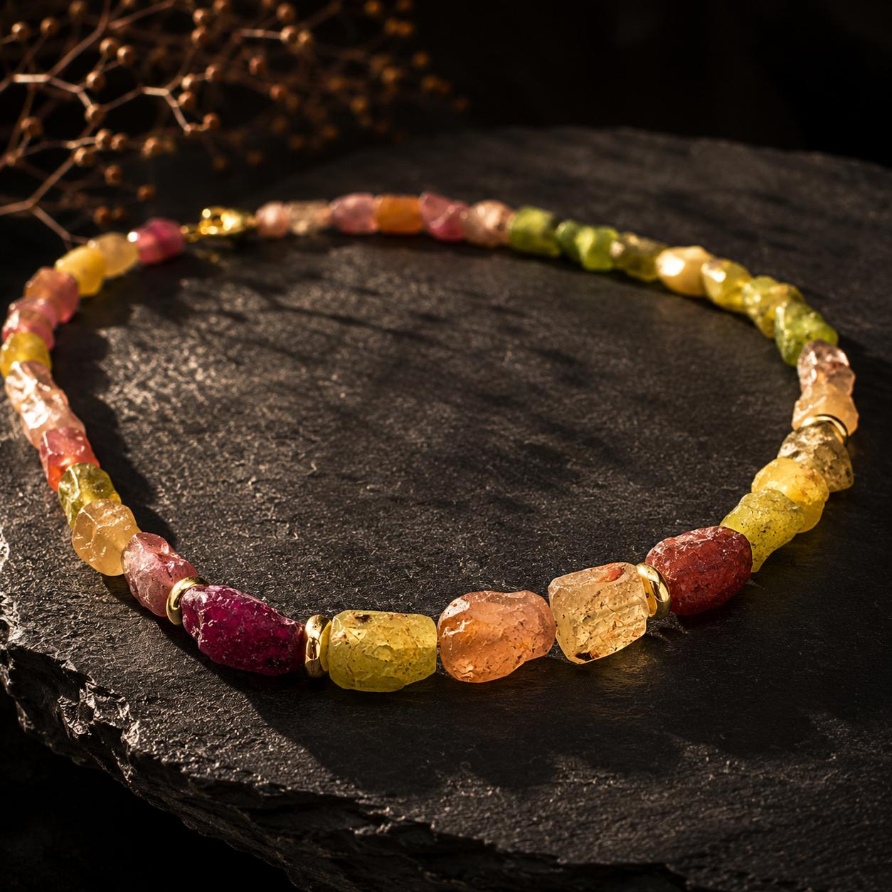 Turmalinkette gemei&szlig;elt, Naturbrockenkette in frischem gelbgr&uuml;n, apricot und bordeaux T&ouml;nen, Gold 750. L&auml;nge 45cm. Die Kette k&ouml;nnte um ca. 3cm verl&auml;ngert werden.

UNIKAT

gefertigt im KISSNER Meisteratelier
Design: Carsten Kissner