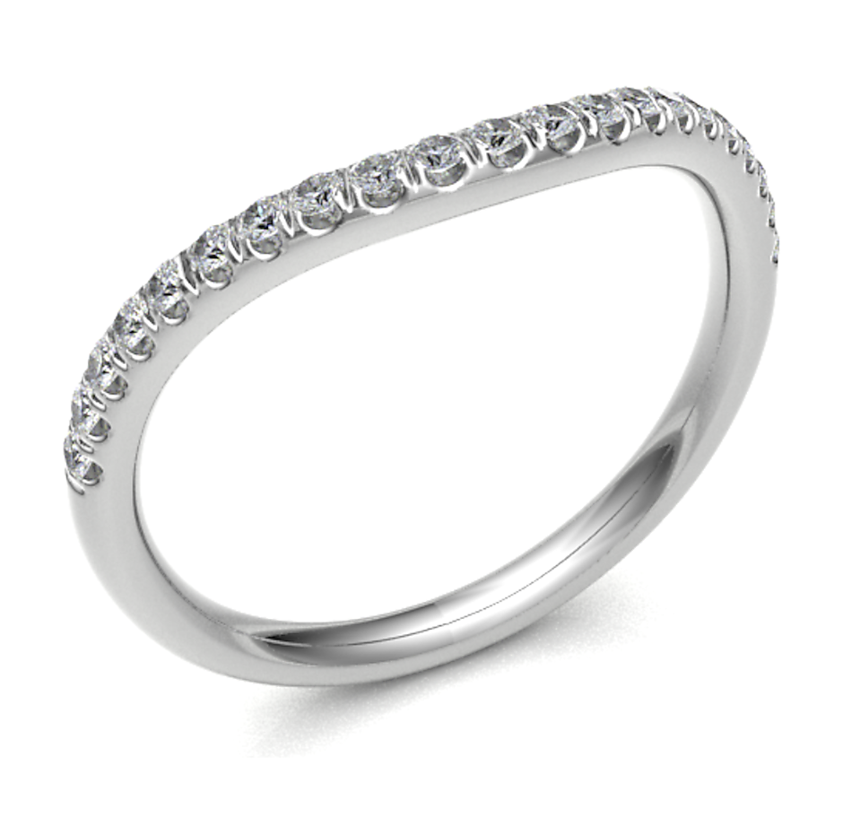 Verfijnde 14 karaat witgouden gebogen verlovingsring uit de eigen collectie van Juwelier Rijk in Amsterdam. Deze sierlijke 'curved' ring is halfom bezet met 0.15 ct briljant geslepen diamanten (SI1/G). Te bewonderen aan de Heiligeweg 10 in het centrum van Amsterdam of direct online te bestellen.