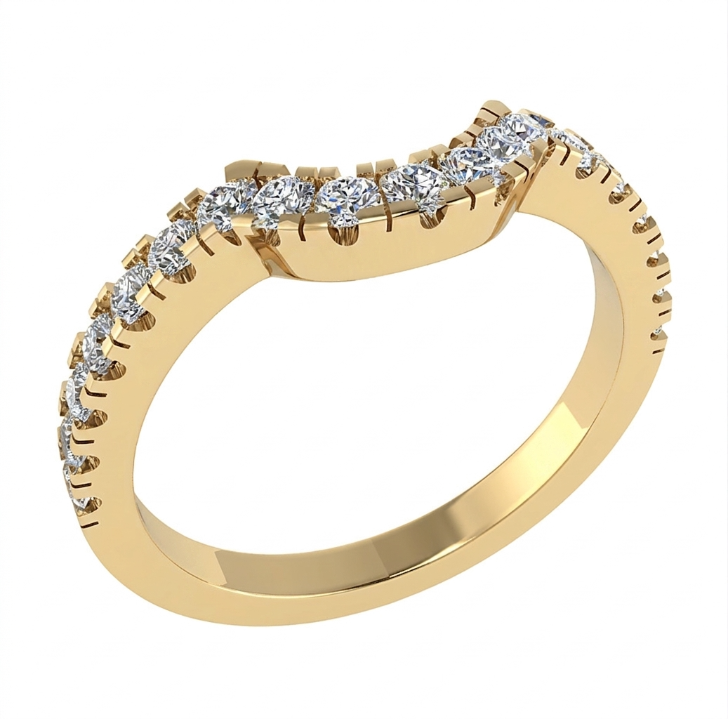 Sierlijke 14 karaat geelgouden gebogen verlovingsring uit de eigen collectie van Juwelier Rijk in Amsterdam. Deze elegante 'curved' ring is halfom bezet met 0.27 ct briljant geslepen diamanten (SI1/G). Te bewonderen aan de Heiligeweg 10 in het centrum van Amsterdam of direct online te bestellen.