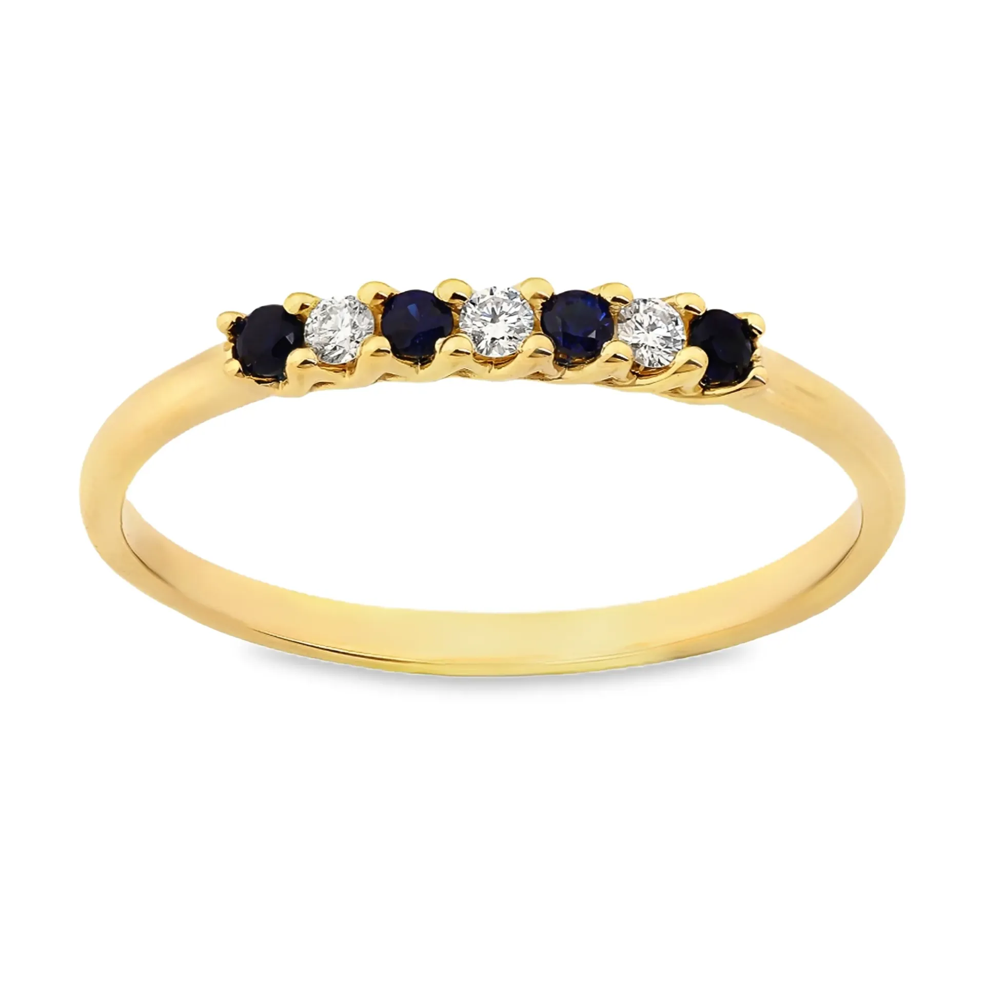 Geelgouden rij ring met natuurlijk diamant en blauw saffier