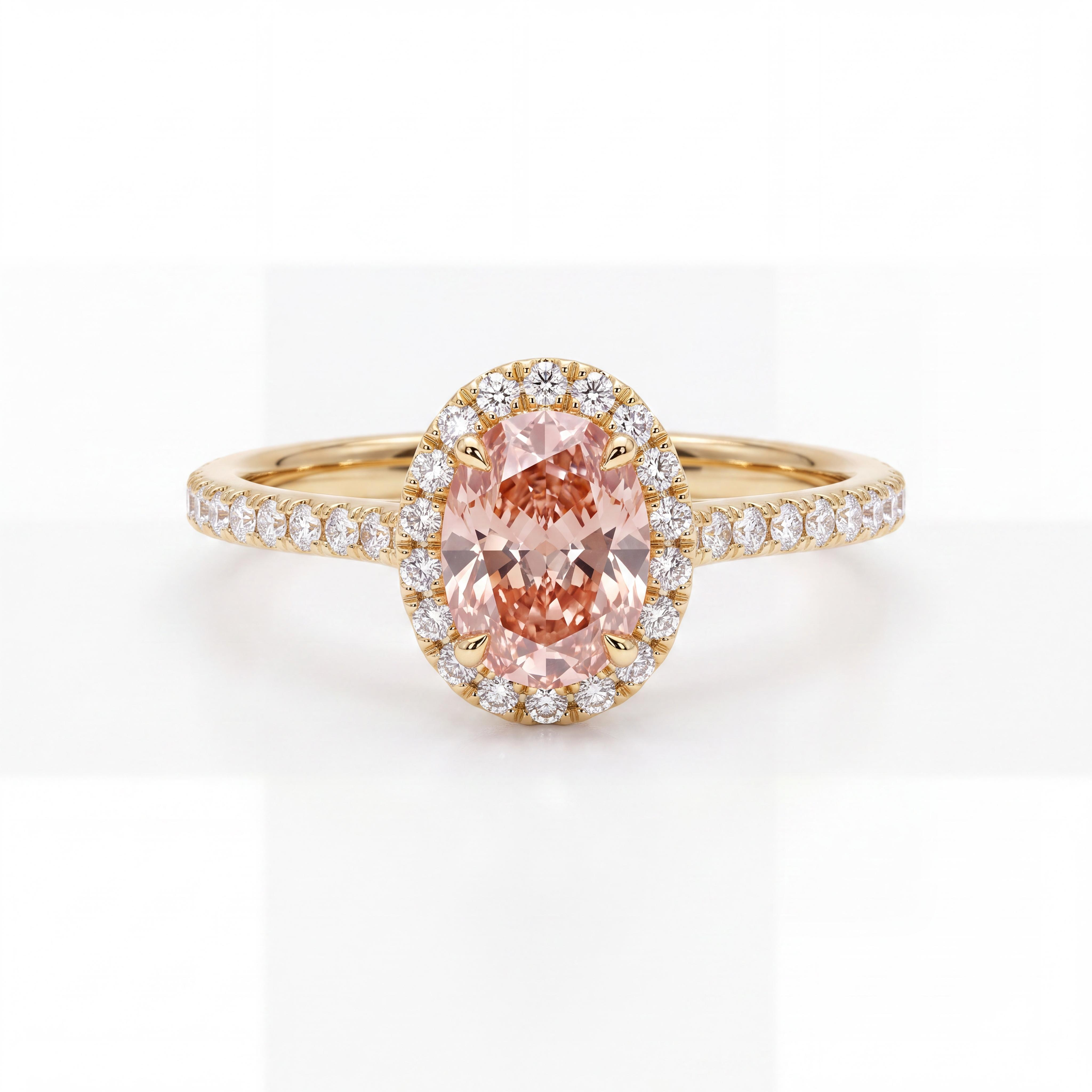 Verras jouw geliefde met deze betoverende 18 karaat geelgouden verlovingsring van Juwelier Rijk in Amsterdam. De ring schittert met een centrale, ovaalgeslepen roze lab grown diamant van 1.0 caraat (VS2), omringd door een prachtige halo en pav&eacute; zetting (totaal 0.26 ct). Inclusief officieel IGI-certificaat. Kom deze unieke pink diamond ring bekijken in onze boutique in hartje Amsterdam!