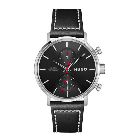 Dit Hugo horloge heeft een stijlvol ontwerp met een zwart leren band en een zwart-witte wijzerplaat van 43 mm. Deze polshorloge is ideaal voor dagelijkse elegantie. Draag het strak om de pols voor maximale stijl en comfort. Perfect te combineren met zowel casual als formele outfits. Toevoeging aan elke horlogecollectie!