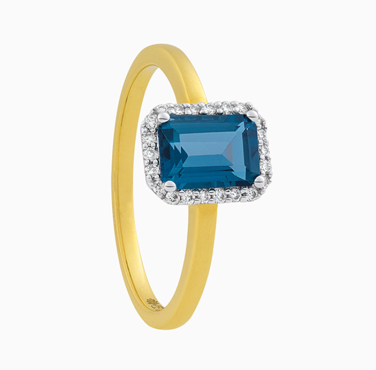 14 karaat gouden ring met 0,09 crt briljant en Blauw Topaas. Natuurlijke diamant kwaliteit TW-SI.