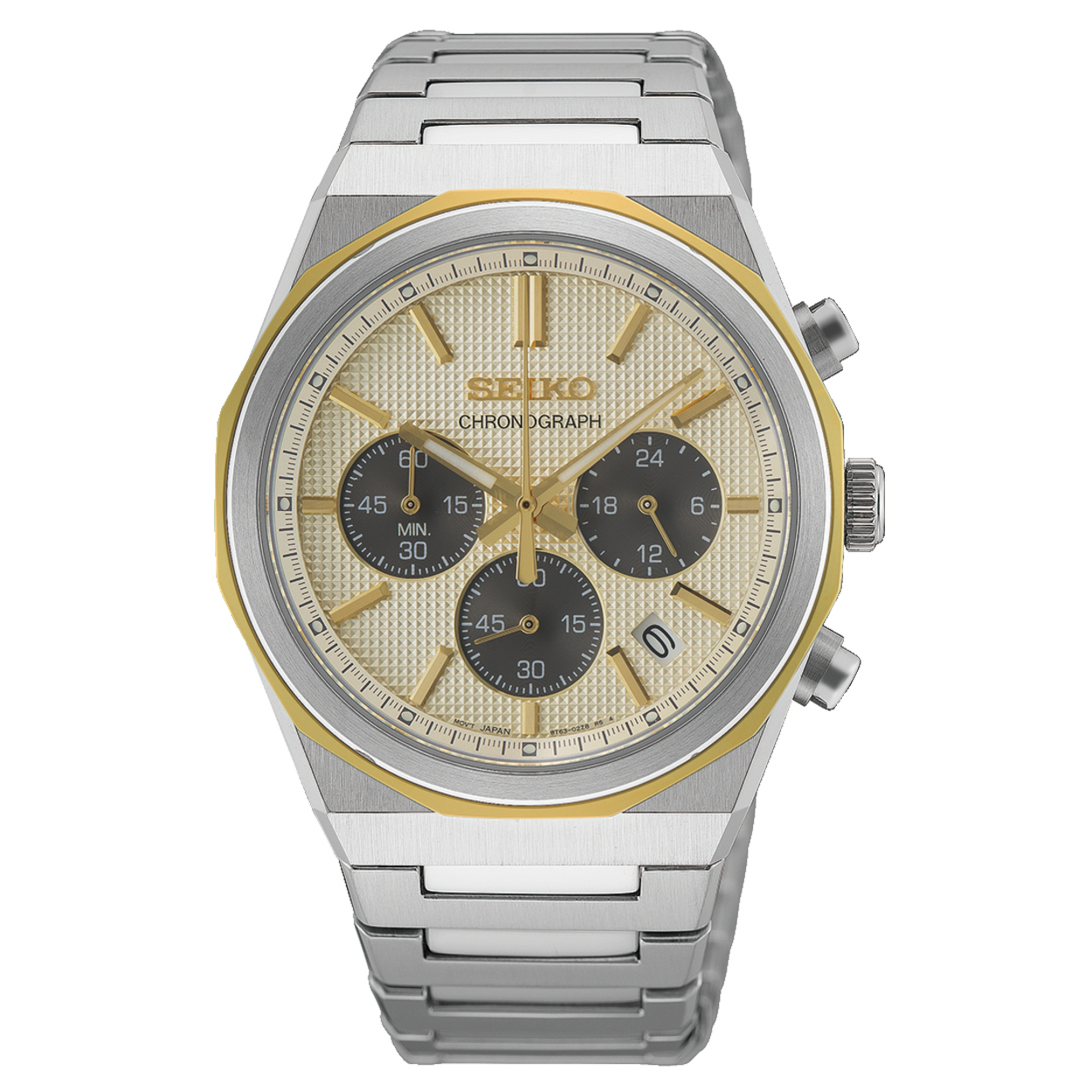 Dit is een horloge van het merk Seiko. Het is een chronograaf horloge gemaakt van staal. De diameter van de kast is 40 mm en de kast is 11.5 mm dik.
De verdere specificaties van het horloge zijn als volgt:
Kastvorm: rond
Kastkleur: tweekleurig
Kastmateriaal: staal
Bandbreedte: 20 mm
Sluiting: vouwsluiting met drukker
Wijzerplaatkleur: champagne
Glassoort: saffier glas
Waterdichtheid: 10 ATM
Techniek: quartz